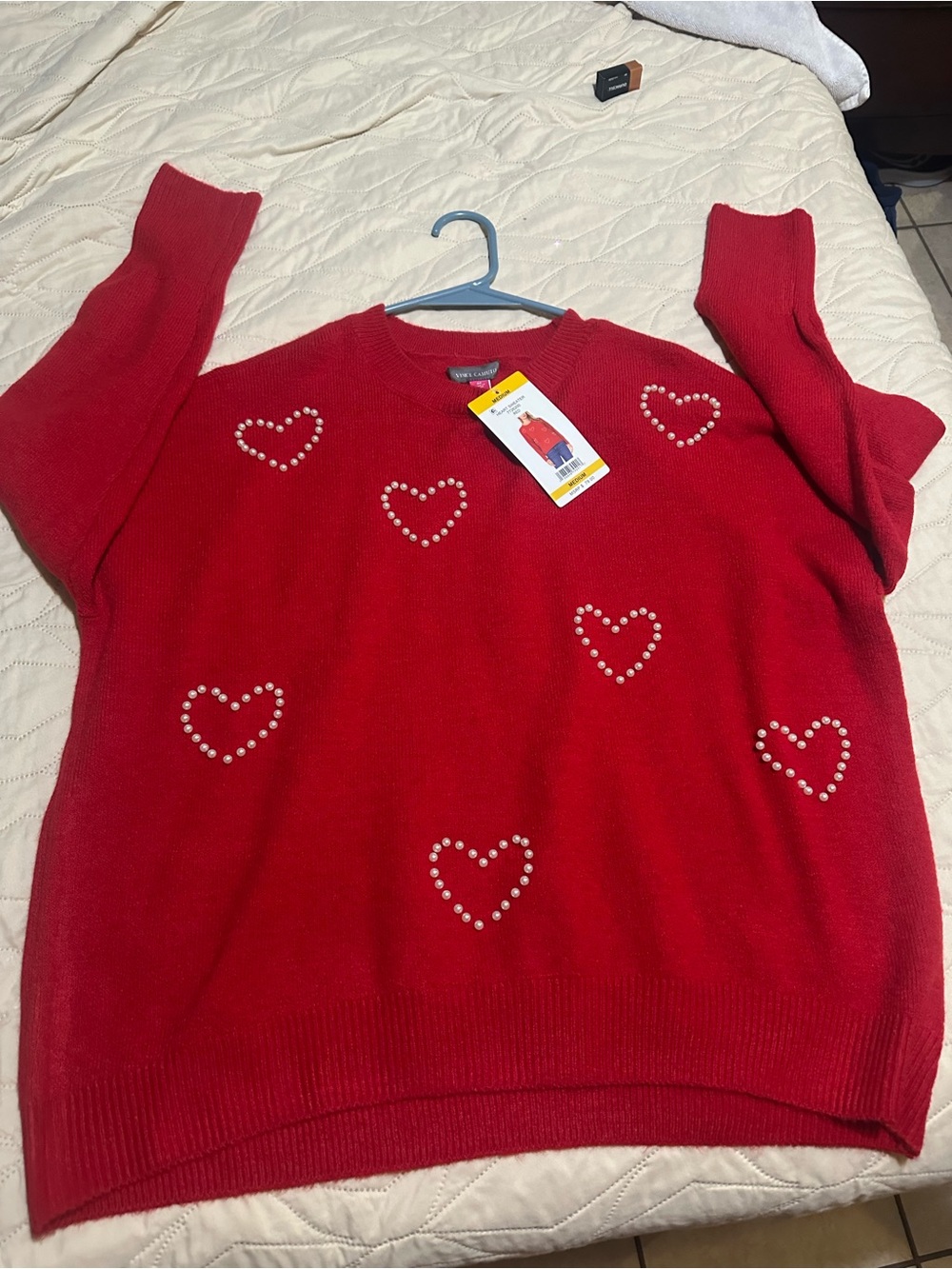 Vince Camuto Red Crewneck Sweater with Pearl Heart Accents